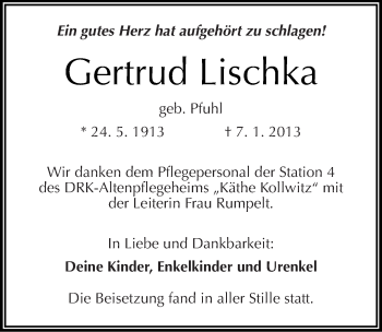 Traueranzeige von Gertrud Lischka von Mitteldeutsche Zeitung Halle/Saalkreis