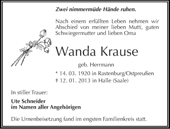 Traueranzeige von Wanda Krause von Mitteldeutsche Zeitung Halle/Saalkreis