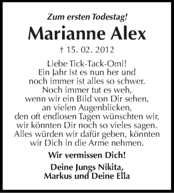 Traueranzeige von Marianne Alex von Mitteldeutsche Zeitung Dessau-Roßlau