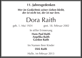 Traueranzeige von Dora Raith von Mitteldeutsche Zeitung Halle/Saalkreis