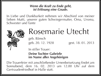 Traueranzeige von Rosemarie Utecht von Mitteldeutsche Zeitung Halle/Saalkreis