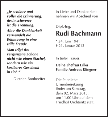 Traueranzeige von Rudi Bachmann von Mitteldeutsche Zeitung Weißenfels