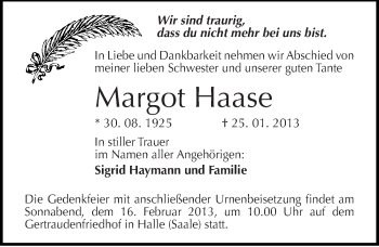 Traueranzeige von Margot Haase von Mitteldeutsche Zeitung Halle/Saalkreis