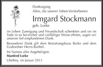 Traueranzeige von Irmgard Stockmann von Mitteldeutsche Zeitung Köthen