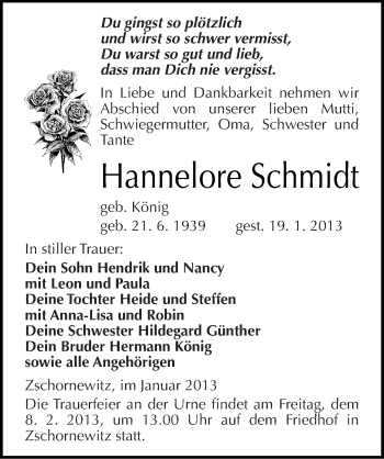 Traueranzeige von Hannelore Schmidt von Mitteldeutsche Zeitung Wittenberg