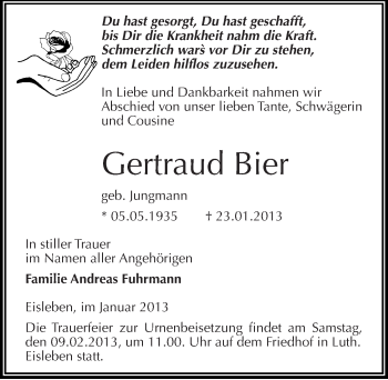 Traueranzeige von Gertraud Bier von Mitteldeutsche Zeitung Mansfelder Land