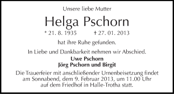 Traueranzeige von Helga Pschorn von Mitteldeutsche Zeitung Halle/Saalkreis