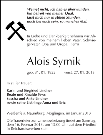 Traueranzeige von Alois Syrnik von Mitteldeutsche Zeitung Weißenfels