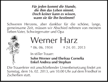 Traueranzeige von Werner Harz von Mitteldeutsche Zeitung Halle/Saalkreis