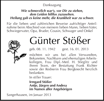 Traueranzeige von Günter Stößer von Mitteldeutsche Zeitung Sangerhausen