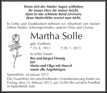 Traueranzeige von Martha Solle von Mitteldeutsche Zeitung Quedlinburg