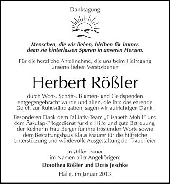 Traueranzeige von Herbert Rößler von Mitteldeutsche Zeitung Halle/Saalkreis