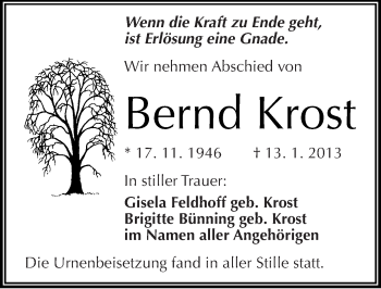 Traueranzeige von Bernd Krost von Mitteldeutsche Zeitung Halle/Saalkreis