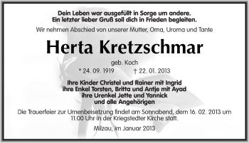 Traueranzeige von Herta Kretzschmar von Mitteldeutsche Zeitung Merseburg/Querfurt