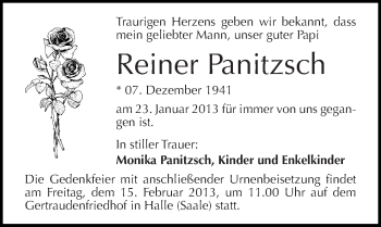 Traueranzeige von Reiner Panitzsch von Mitteldeutsche Zeitung Halle/Saalkreis