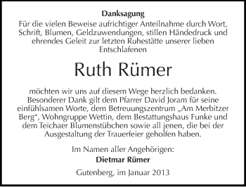 Traueranzeige von Ruth Rümer von Mitteldeutsche Zeitung Halle/Saalkreis
