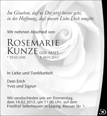 Traueranzeige von Rosemarie Kunze von Mitteldeutsche Zeitung Naumburg/Nebra