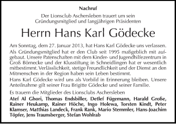Traueranzeige von Hans Karl Gödecke von Mitteldeutsche Zeitung Aschersleben