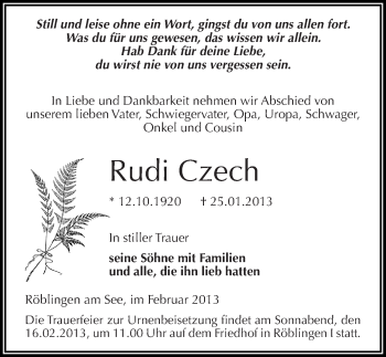 Traueranzeige von Rudi Czech von Mitteldeutsche Zeitung Mansfelder Land