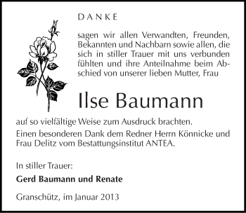 Traueranzeige von Ilse Baumann von Mitteldeutsche Zeitung Weißenfels