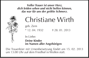 Traueranzeige von Christiane Wirth von Mitteldeutsche Zeitung Bitterfeld