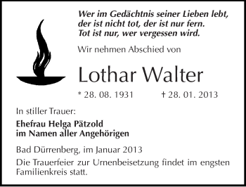 Traueranzeige von Lothar Walter von Mitteldeutsche Zeitung Merseburg/Querfurt