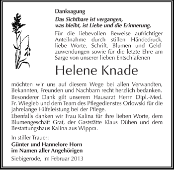 Traueranzeige von Helene Knade von Mitteldeutsche Zeitung Mansfelder Land