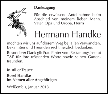 Traueranzeige von Hermann Handke von Mitteldeutsche Zeitung Weißenfels