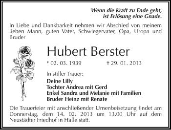 Traueranzeige von Hubert Berster von Mitteldeutsche Zeitung Halle/Saalkreis