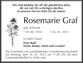 Traueranzeige von Rosemarie Graf von Mitteldeutsche Zeitung Halle/Saalkreis