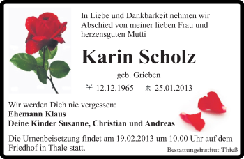 Traueranzeige von Karin  Scholz von Mitteldeutsche Zeitung Quedlinburg