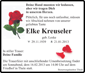 Traueranzeige von Elke Kreuseler von Mitteldeutsche Zeitung Quedlinburg