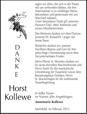 Traueranzeige von Horst Kollewe von Mitteldeutsche Zeitung Mansfelder Land
