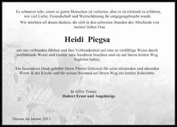 Traueranzeige von Heidi Piegsa von Mitteldeutsche Zeitung Dessau-Roßlau