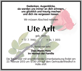 Traueranzeige von Ute Arlt von Mitteldeutsche Zeitung Halle/Saalkreis
