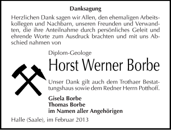 Traueranzeige von Horst Werner Borbe von Mitteldeutsche Zeitung Halle/Saalkreis