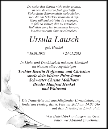 Traueranzeige von Ursula Lausch von Mitteldeutsche Zeitung Wittenberg
