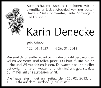Traueranzeige von Karin Denecke von Mitteldeutsche Zeitung Merseburg/Querfurt