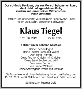 Traueranzeige von Klaus Tiegel von Mitteldeutsche Zeitung Wittenberg