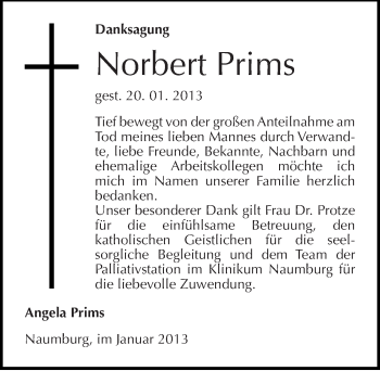 Traueranzeige von Norbert Prims von Mitteldeutsche Zeitung Naumburg/Nebra