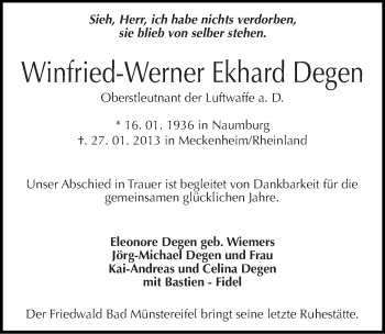 Traueranzeige von Winfried-Werner Ekhard Degen von Mitteldeutsche Zeitung Naumburg/Nebra
