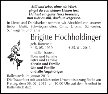 Traueranzeige von Brigitte Hochholdinger von Mitteldeutsche Zeitung Quedlinburg