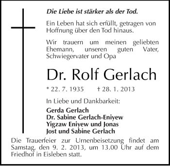 Traueranzeige von Rolf Gerlach von Mitteldeutsche Zeitung Mansfelder Land