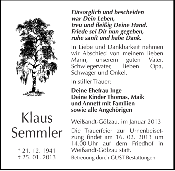 Traueranzeige von Klaus Semmler von Mitteldeutsche Zeitung Köthen