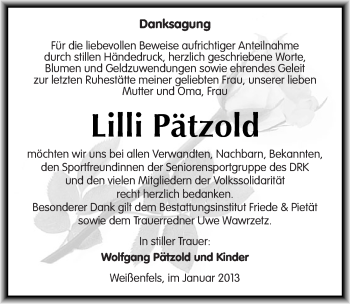 Traueranzeige von Lilli Pätzold von Mitteldeutsche Zeitung Weißenfels