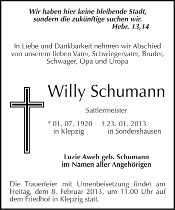 Traueranzeige von Willy Schumann von Mitteldeutsche Zeitung Halle/Saalkreis
