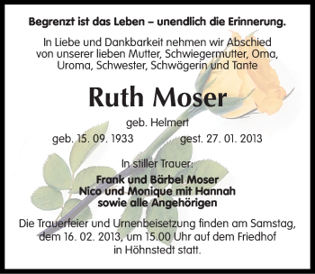Traueranzeige von Ruth Moser von Mitteldeutsche Zeitung Halle/Saalkreis