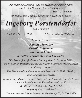 Traueranzeige von Ingeborg Porstendörfer von Mitteldeutsche Zeitung Halle/Saalkreis