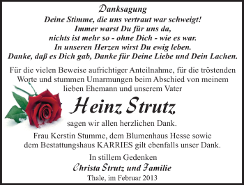 Traueranzeige von Heinz Strutz von Mitteldeutsche Zeitung Quedlinburg