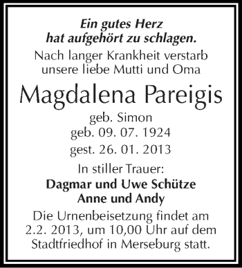 Traueranzeige von Magdalena Pareigis von Mitteldeutsche Zeitung Halle/Saalkreis